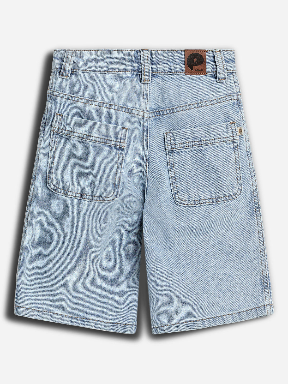 Light blue denim shorts with two large back pockets, belt loops, and a brown leather patch featuring a logo. They are laid flat against a plain, light-colored background.