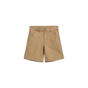 Tan shorts lie flat, featuring a single button and zip closure with two front pockets. The shorts are positioned on a plain white background.
