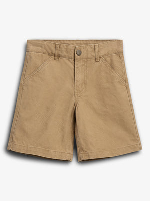 Khaki shorts with belt loops and a button closure are laid flat against a plain white background, highlighting the stitching and pockets.