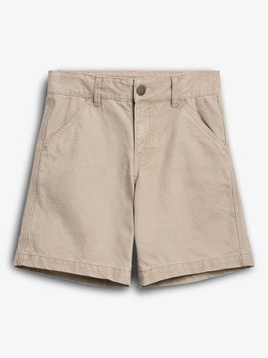 Beige khaki shorts with a button and zip closure, front pockets, and belt loops, displayed flat against a plain white background.