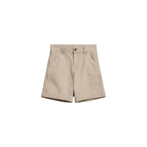 Beige khaki shorts with front button, belt loops, and side pockets, displayed against a plain white background.