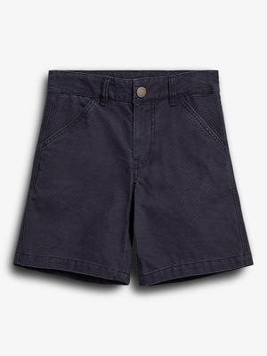 Dark blue shorts lie flat against a plain white background, featuring front pockets, belt loops, and a metallic button closure.