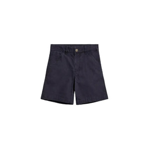 Dark navy shorts are neatly laid out against a plain white background. They feature front pockets, belt loops, and a button closure, creating a simple, casual appearance.