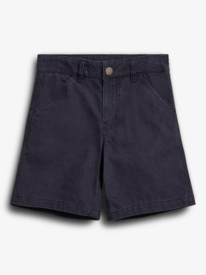 Dark navy shorts are neatly laid out against a plain white background. They feature front pockets, belt loops, and a button closure, creating a simple, casual appearance.