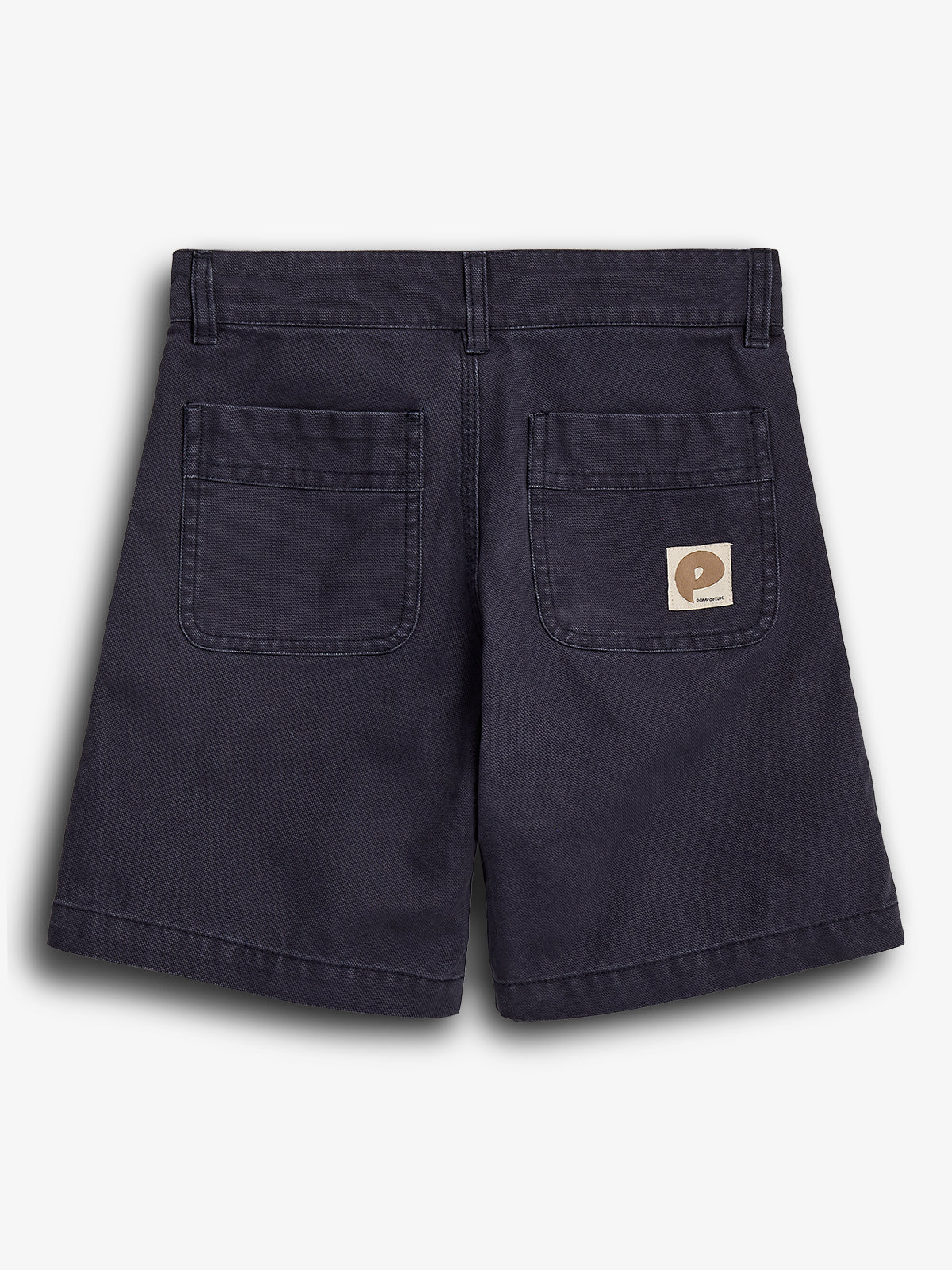Dark blue shorts feature two large back pockets; one pocket displays a small rectangular label with a stylized "P" logo and the text "Pornhub." The background is plain white.