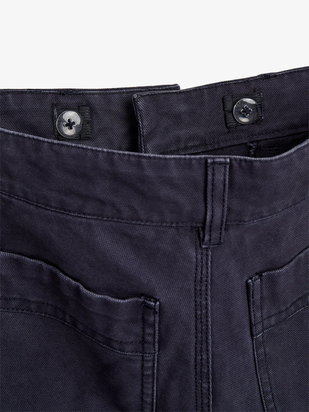 Dark blue pants waistband with two buttons, positioned vertically, showing front pocket stitching and seams, set against a plain white background.