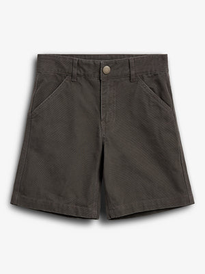Dark gray shorts lie flat, featuring two front pockets and a button closure, set against a plain white background.