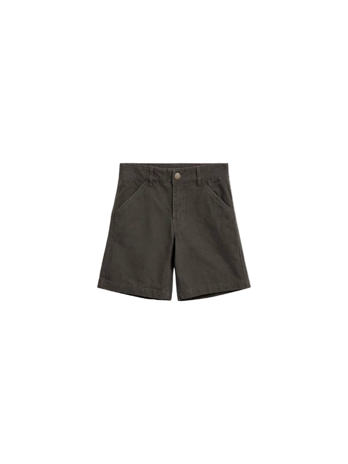 Dark gray shorts lie flat, featuring two front pockets and a button closure, set against a plain white background.