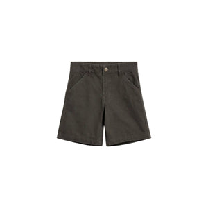 Dark brown shorts with a button closure and belt loops, featuring two front pockets. Laid flat on a plain white background.