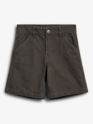 Dark brown shorts with a button closure and belt loops, featuring two front pockets. Laid flat on a plain white background.