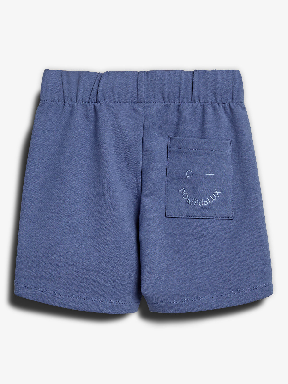 Blue shorts with an elastic waistband feature a rear pocket embroidered with the text "POMPdeLUX." They are displayed against a plain white backdrop.