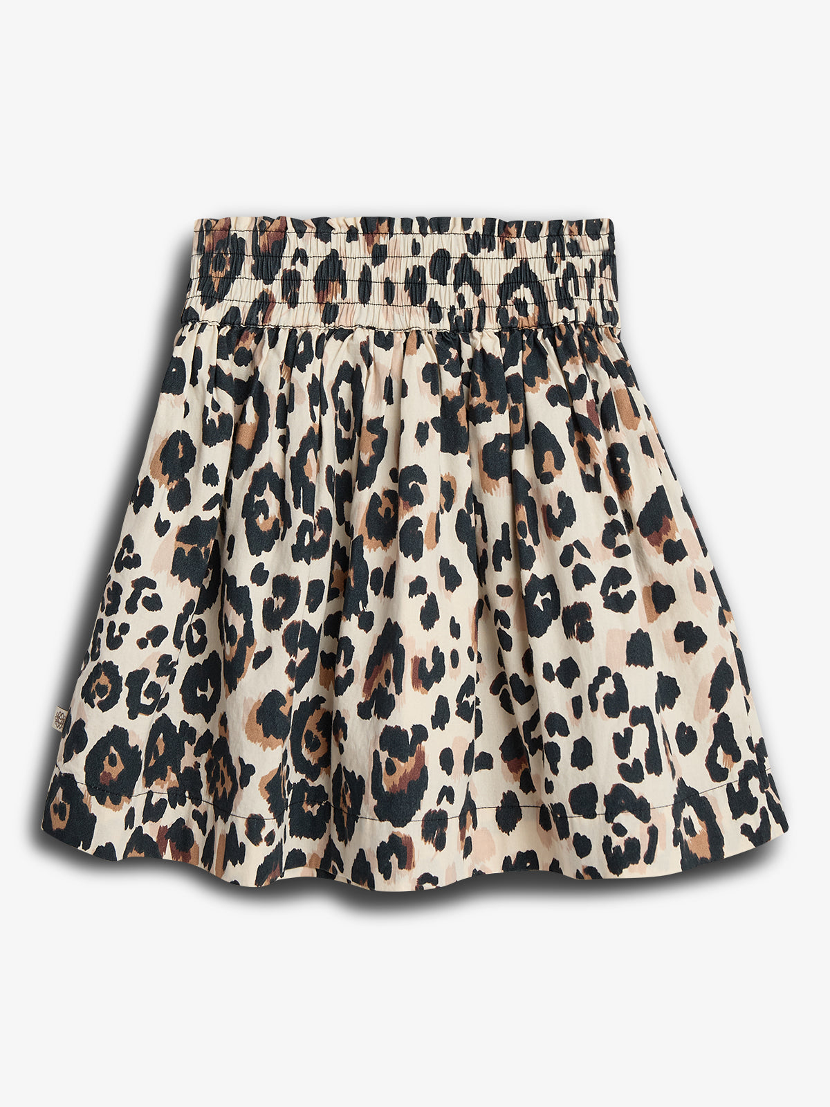 A leopard-print skirt with a gathered waistband, featuring a flowing, pleated design, set against a plain white background.