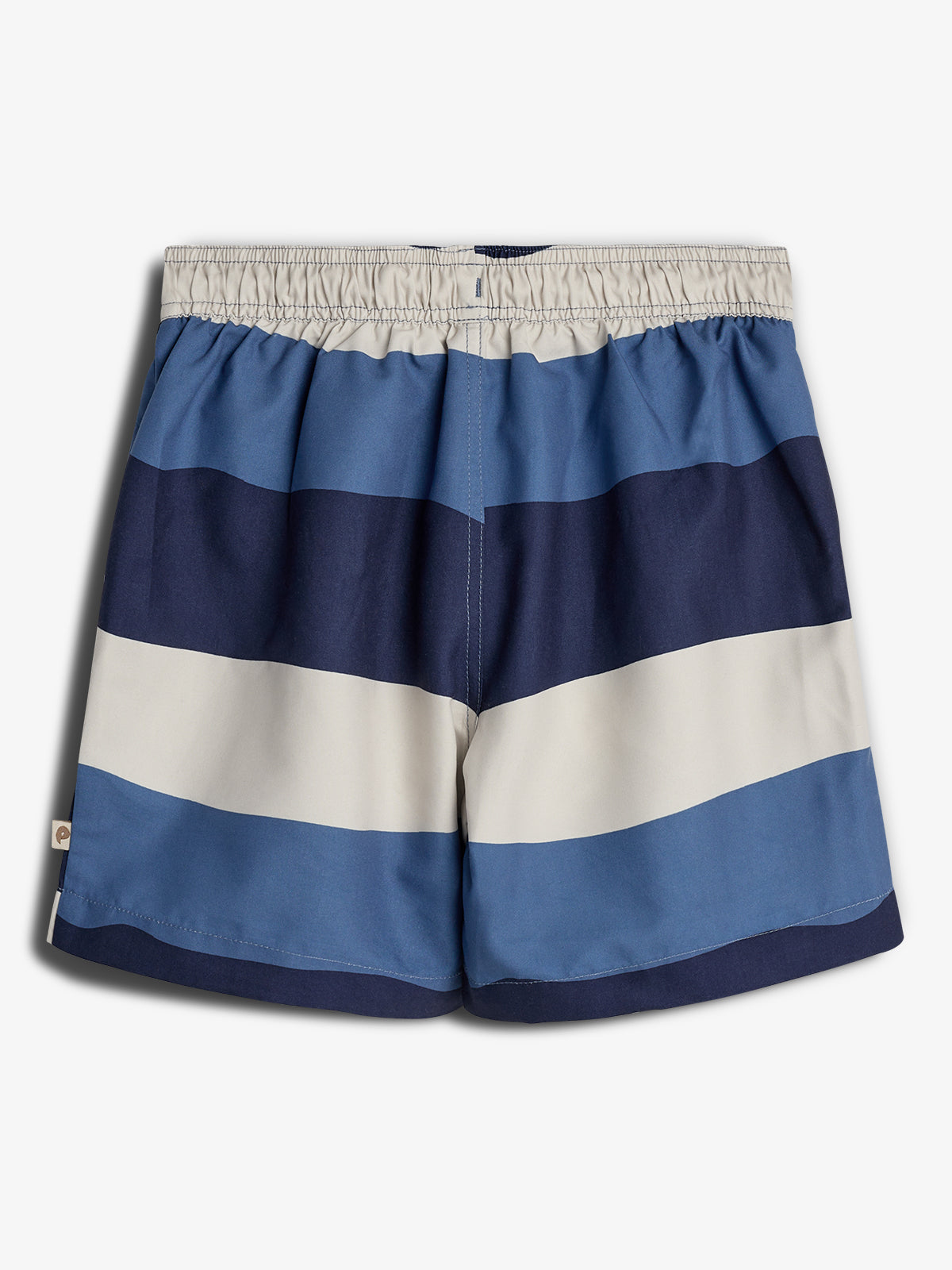 Shorts with wide horizontal stripes in various shades of blue and beige, featuring an elastic waistband, displayed against a plain white background.