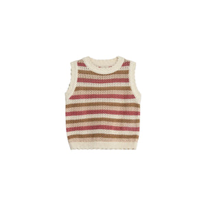 A knitted sleeveless vest displays horizontal stripes in cream, brown, and pink. It lies flat against a plain white background.