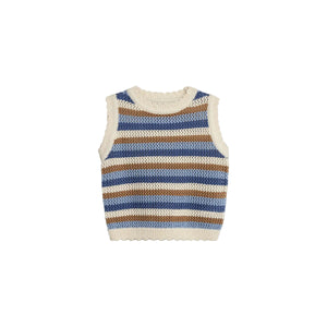 Sleeveless knit vest with cream, brown, and blue horizontal stripes, featuring a ribbed crew neckline and hem, set against a plain white background.