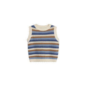 Sleeveless, knitted vest features horizontal stripes in beige, brown, and blue. The texture is open-weave, with ribbed edges at the neck, armholes, and hem, set against a plain background.