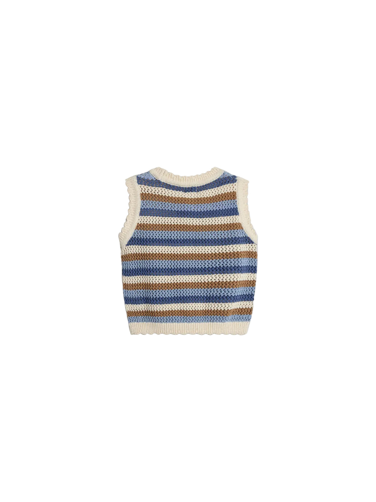 A knitted, sleeveless sweater vest displays alternating horizontal stripes in blue, brown, and cream colors, lying flat against a plain white background.