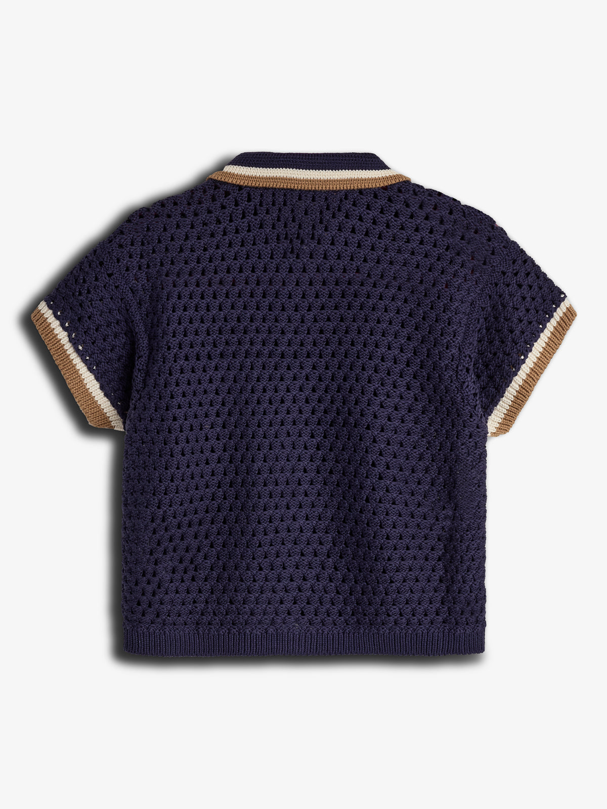 A short-sleeved navy crochet top features tan and white trim on the collar and sleeves, displayed against a plain white background.