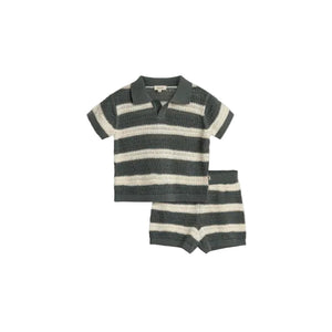 A knitted outfit features a short-sleeved collared shirt and shorts with green and white stripes. The label inside the shirt reads "pamelacute." Both pieces have a textured, open-knit design.