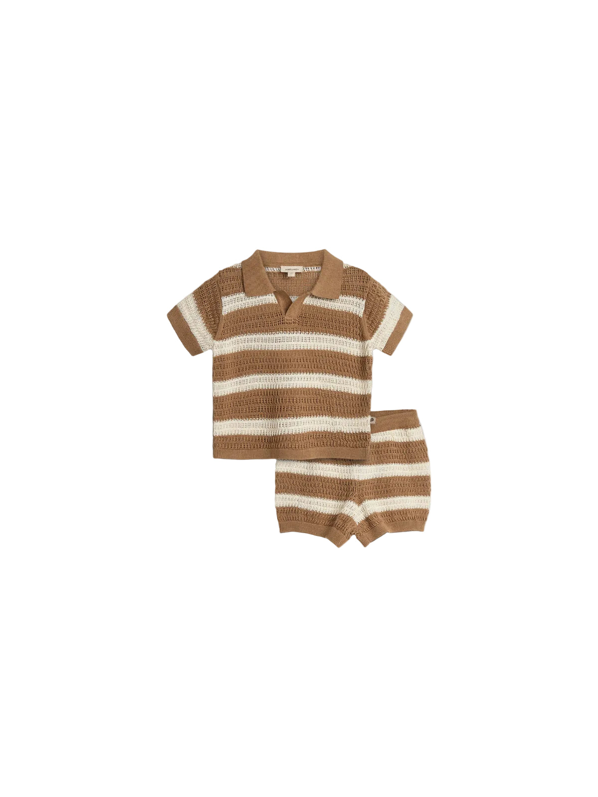 A crocheted, short-sleeved shirt and shorts set features alternating brown and cream horizontal stripes. The shirt has a collar and is placed on a plain white background.