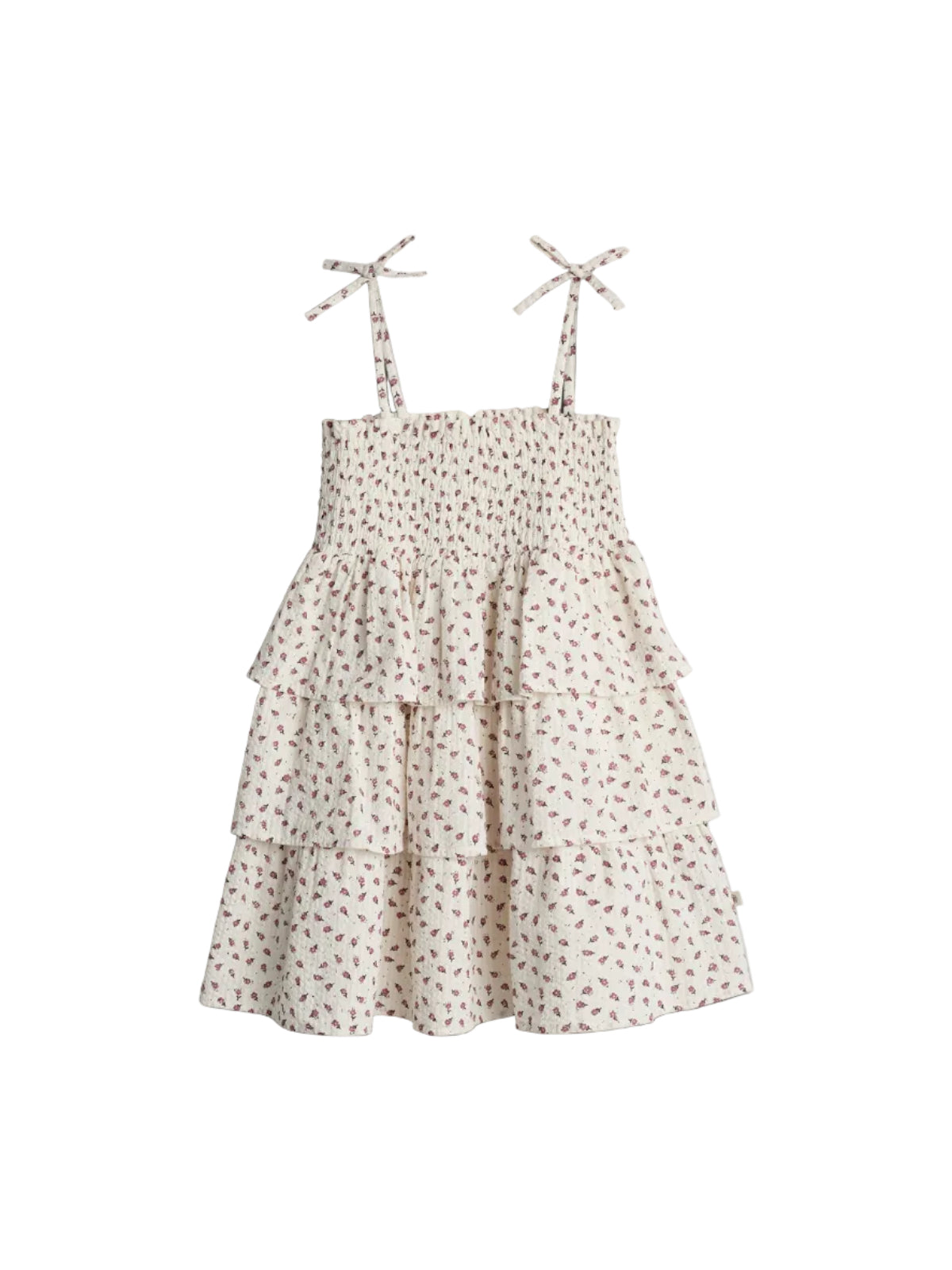 A floral-patterned, tiered dress with tied shoulder straps, featuring shirred bodice and layered ruffle skirt, displayed against a plain white background.