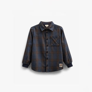 Checked Flannel Shirt with Rib Cuff - Kids - Navy Check | 100530 Henry