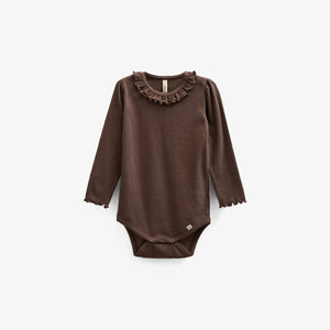 Long Sleeve Modal Rib Bodysuit with Picot edge - Kids - Chocolate | 100574 Mia