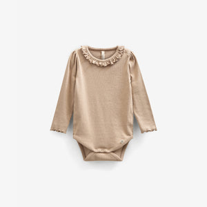 Long Sleeve Modal Rib Bodysuit with Picot edge - Kids - Caffe Latte | 100784 Mia