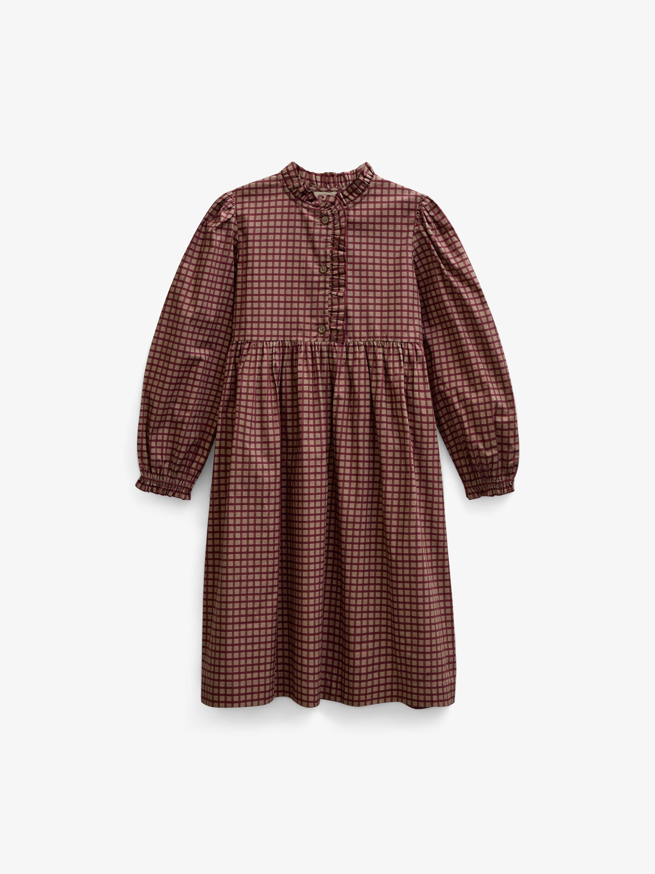 Frill Placket Poplin Dress - Tween - Bordeaux Check | 101437 Julia