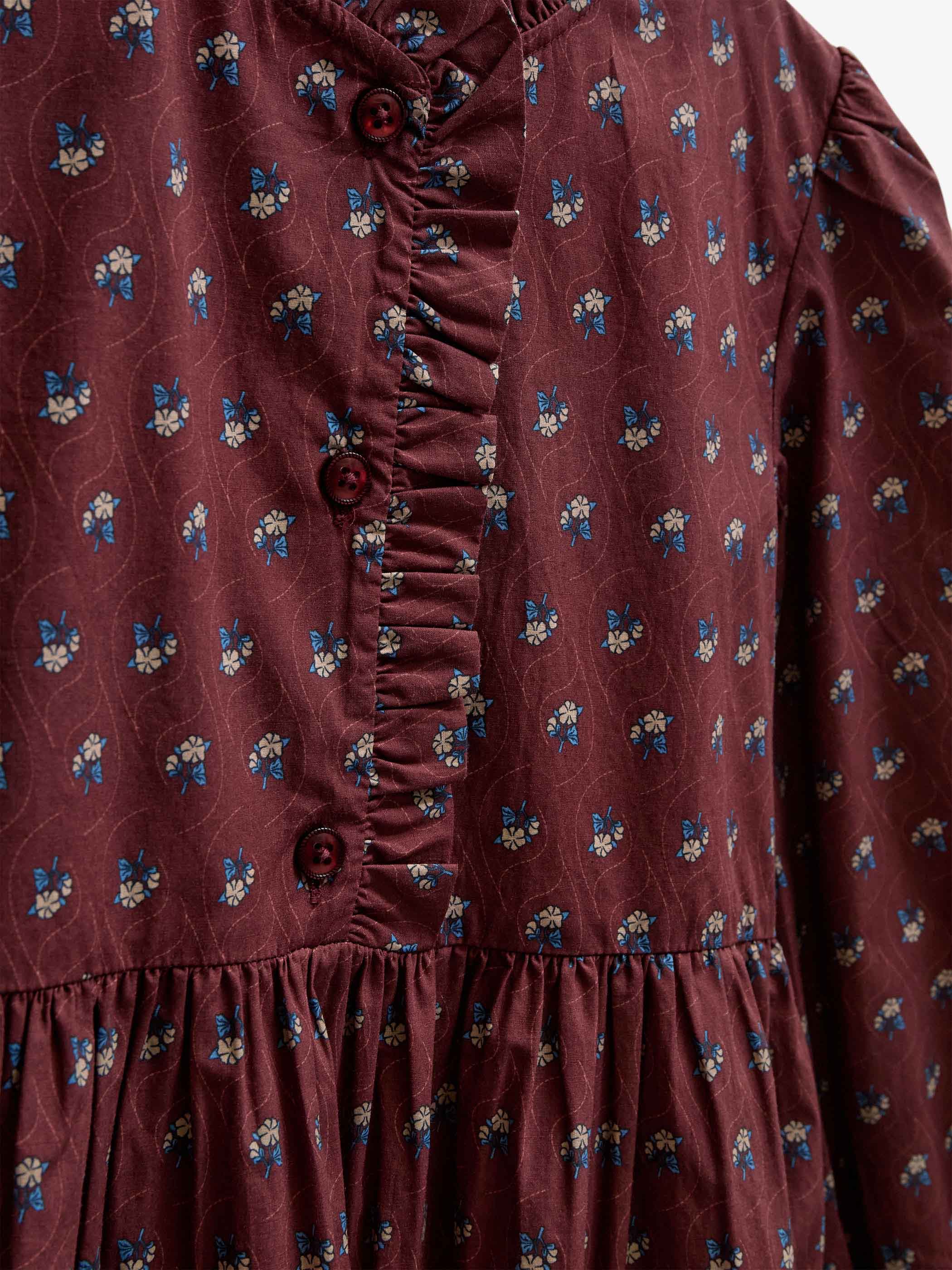 Frill Placket Poplin Dress - Tween - Bordeaux Flowerprint | 101439 Julia