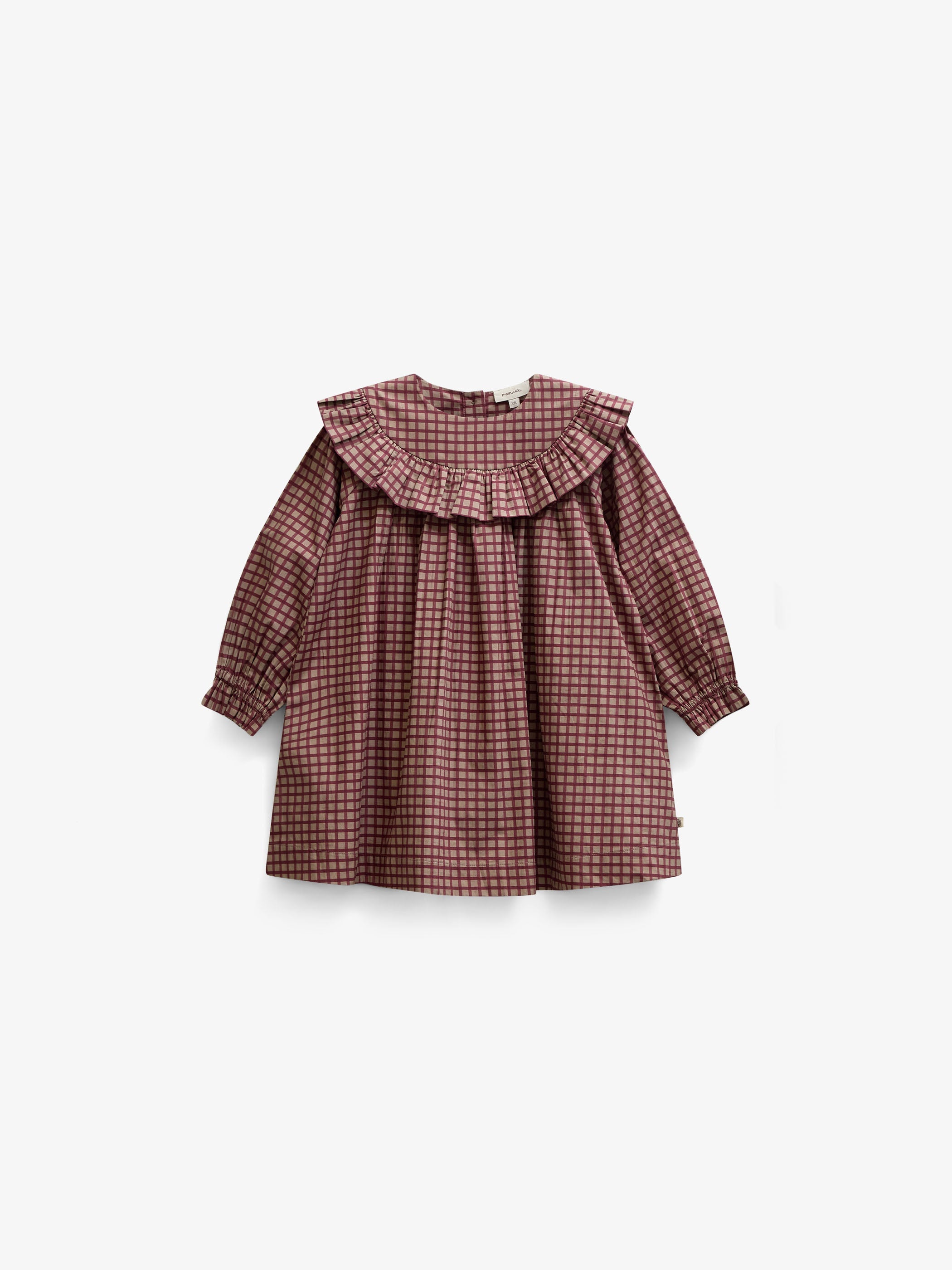 Ruffle Yoke Poplin Dress - Kids - Bordeaux Check | 101440 Julia