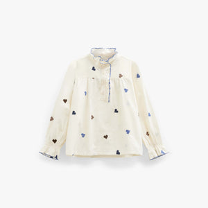 Heart Embroidered Cotton Blouse - Kids - Blue/Brown | 101455 Elina