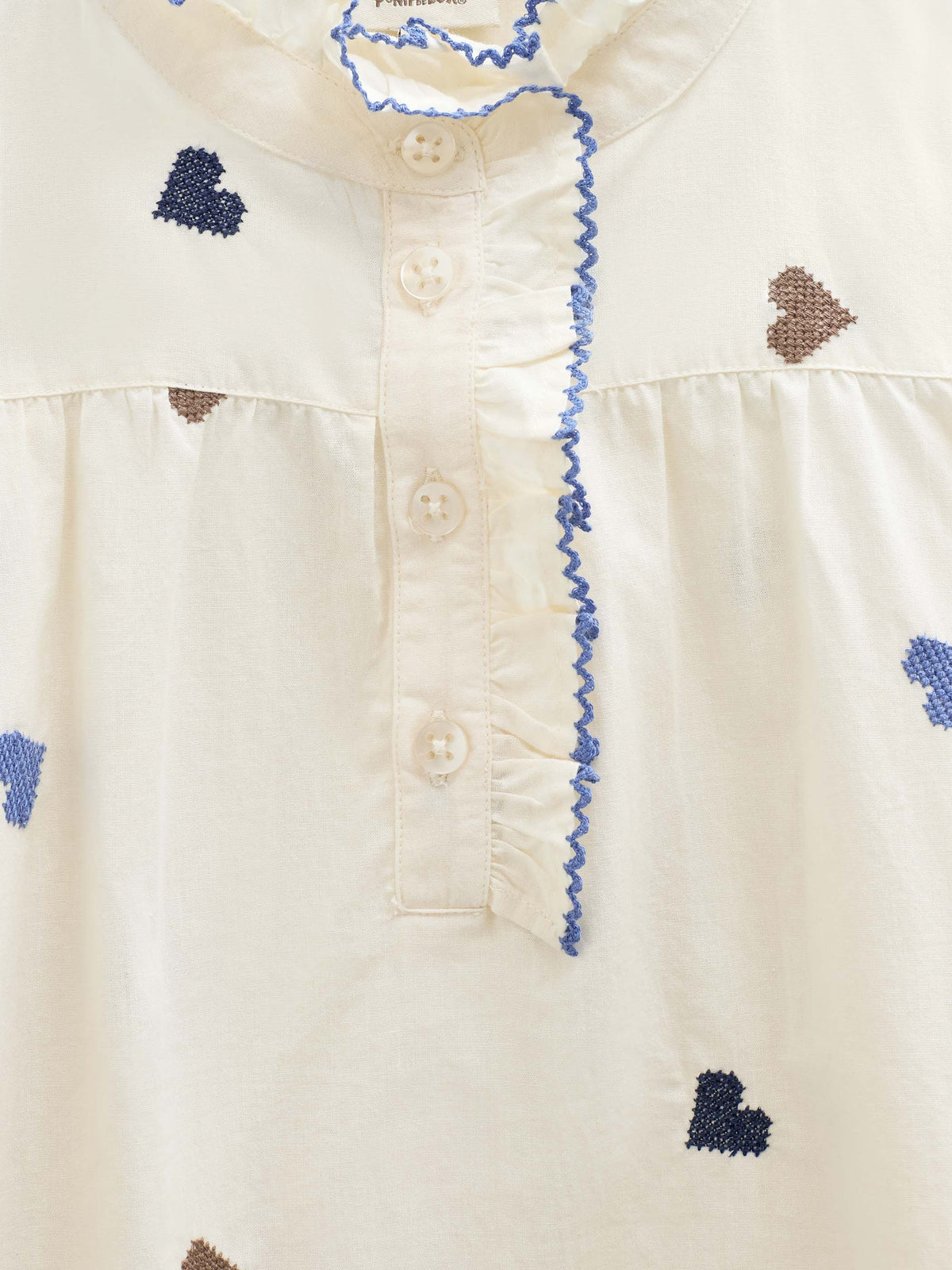 Heart Embroidered Cotton Blouse - Tween - Blue/Brown | 101456 Elina
