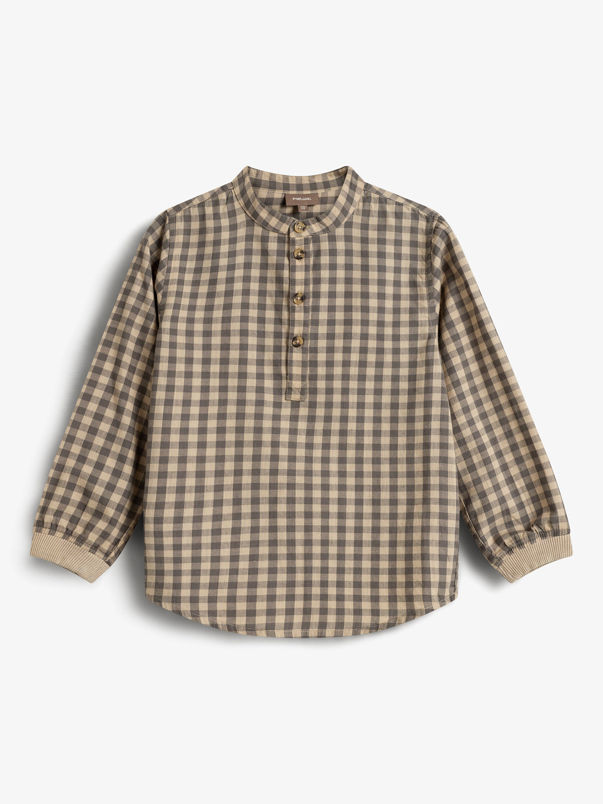 A gray and beige checkered shirt with long sleeves and a mandarin collar, featuring a buttoned placket. Laid flat on a plain white background.