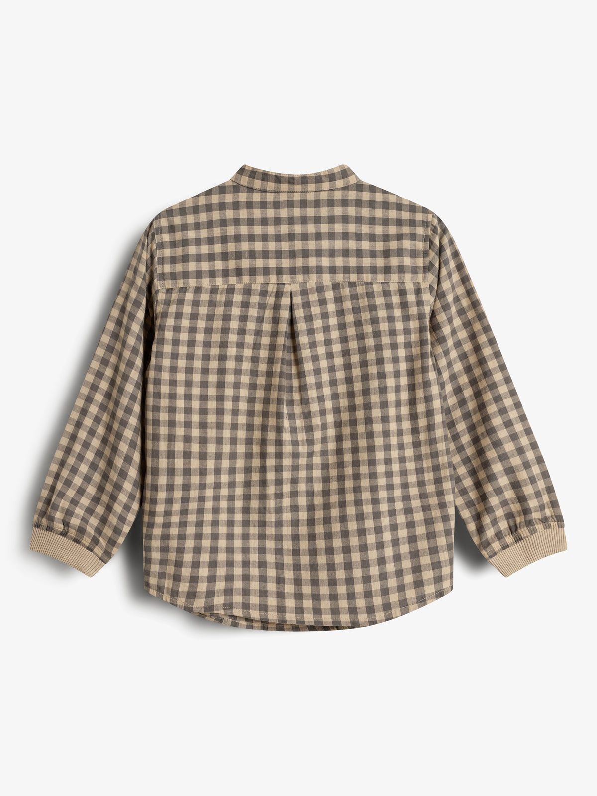 A long-sleeved shirt with a beige and brown checkered pattern appears flat on a plain, light background. It features ribbed cuffs and a pleat at the back.
