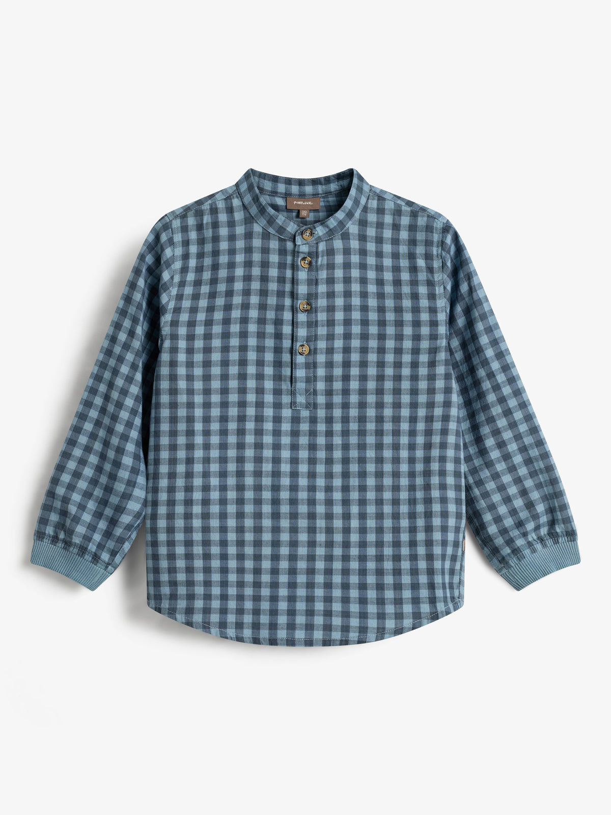 Shirt with blue checkered pattern hangs against a white background. It features a stand collar, long sleeves, and a partial button placket with five brown buttons.