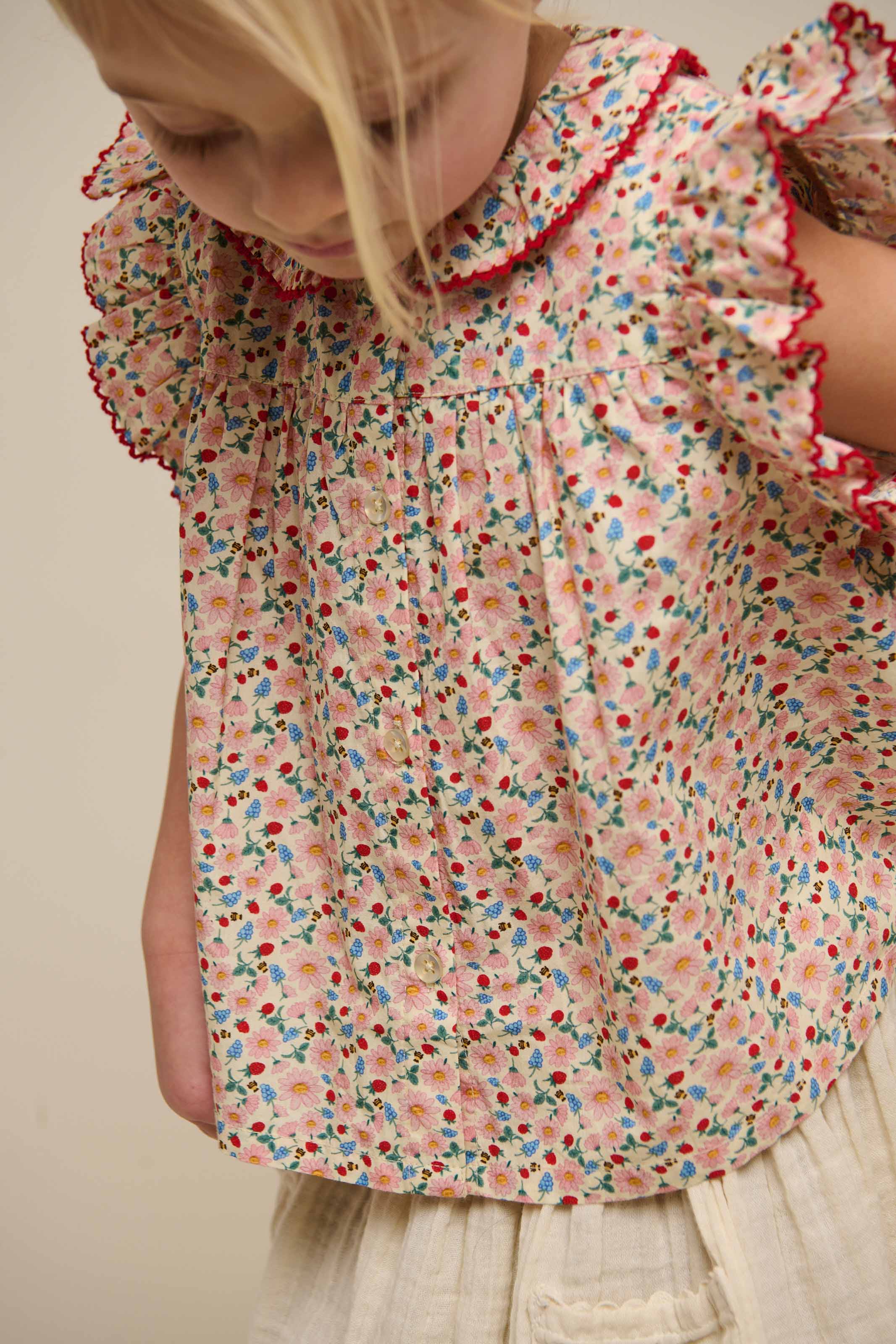 Flower Printed Poplin Frill Top - Kids - Rose | 100948 Poppy