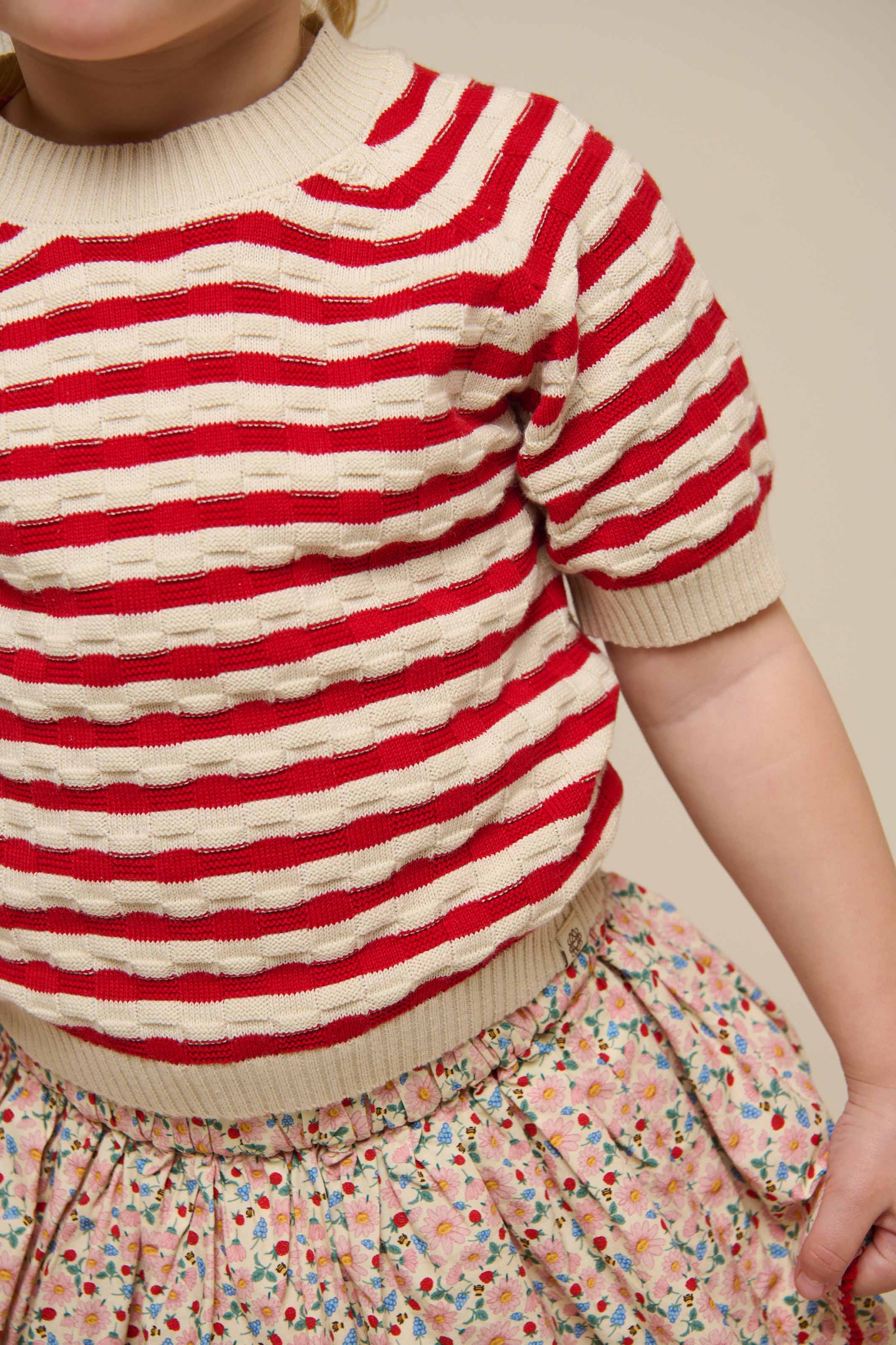 Striped Short Sleeve Cotton Knit - Kids - Cherry Red Stripe | 101239 Martha