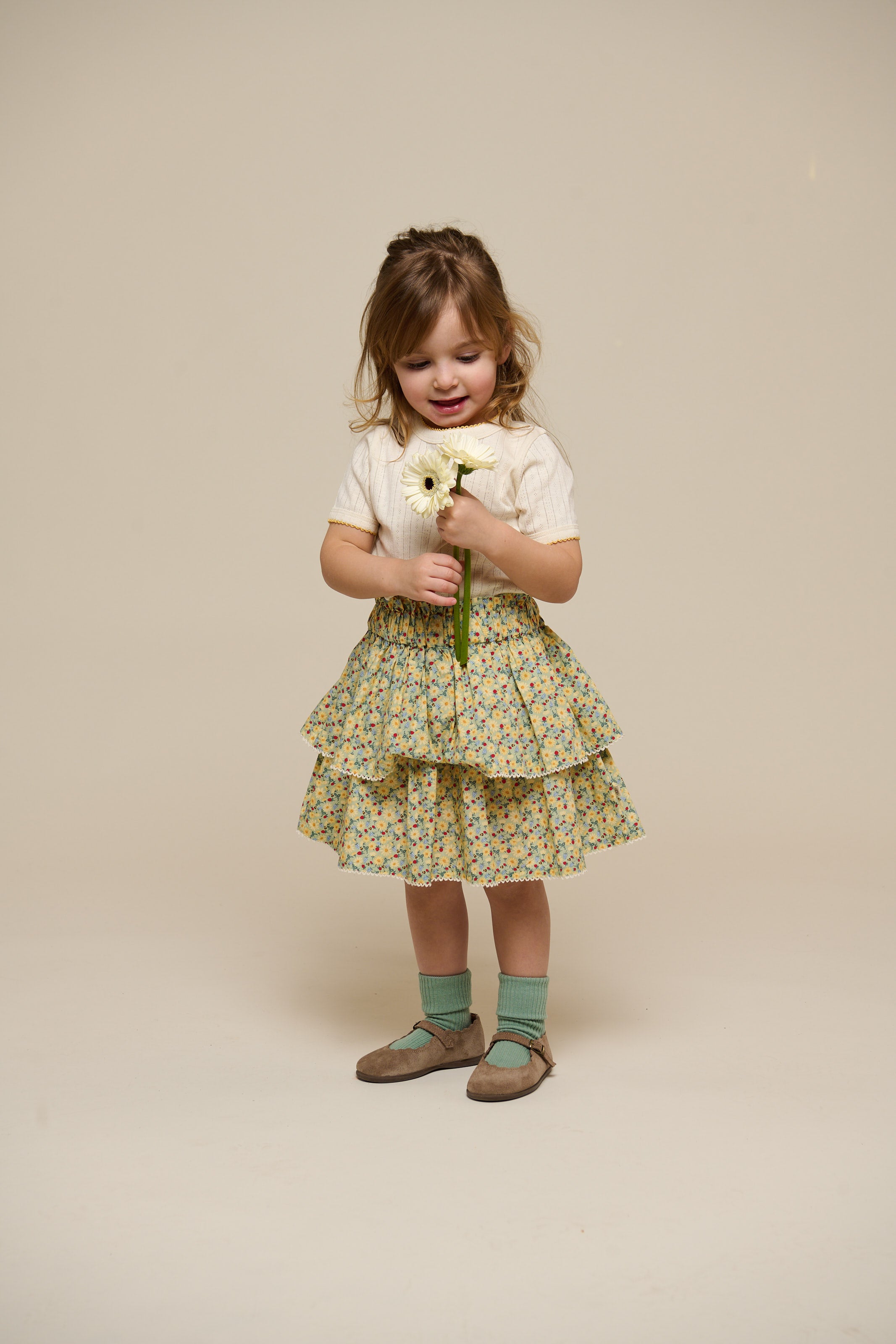 Flower Printed Poplin Frill Skirt - Kids - Green | 100954 Poppy