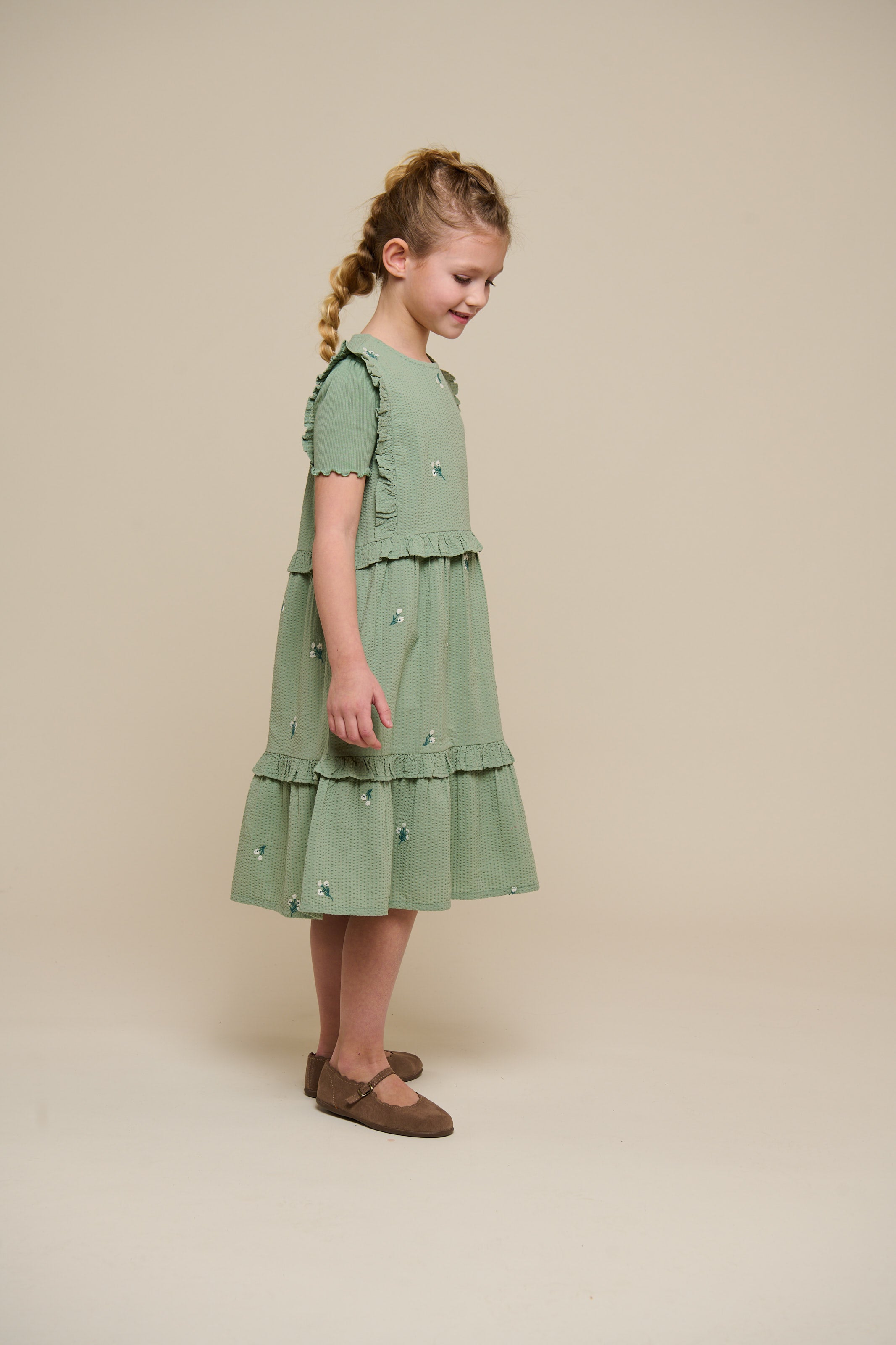 Embroidered Seersucker Dress - Tween - Dusty Green | 100977 Nora