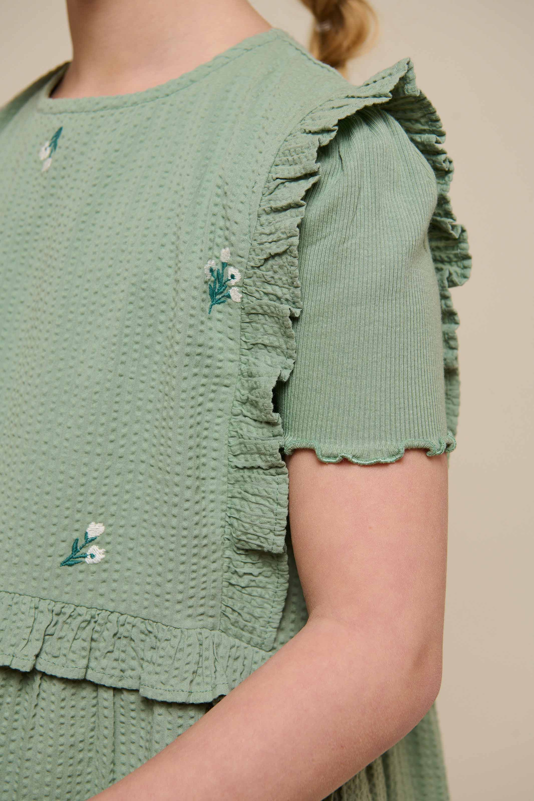 Embroidered Seersucker Dress - Tween - Dusty Green | 100977 Nora