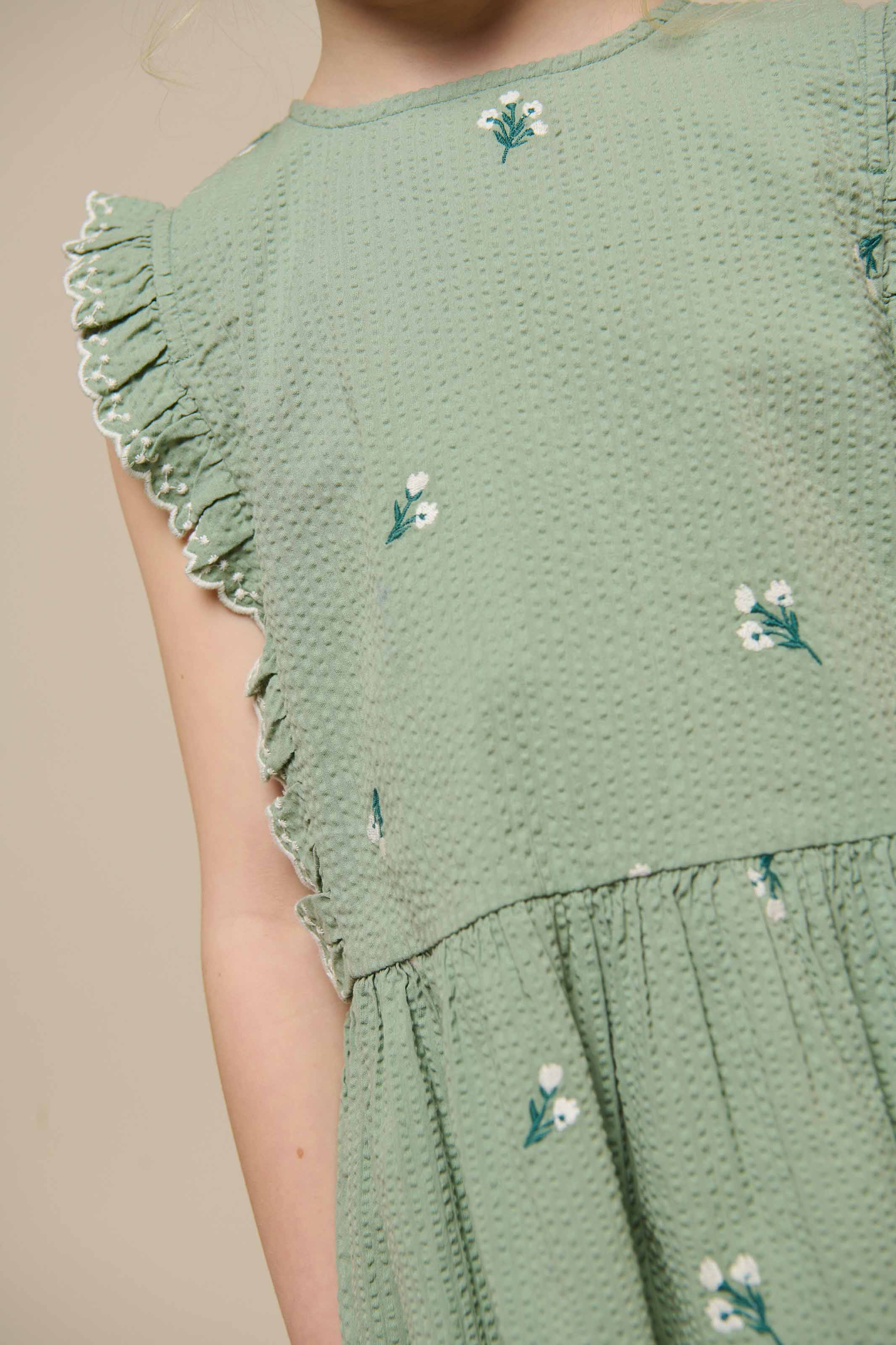 Embroidered Seersucker Top - Tween - Dusty Green | 100981 Nora