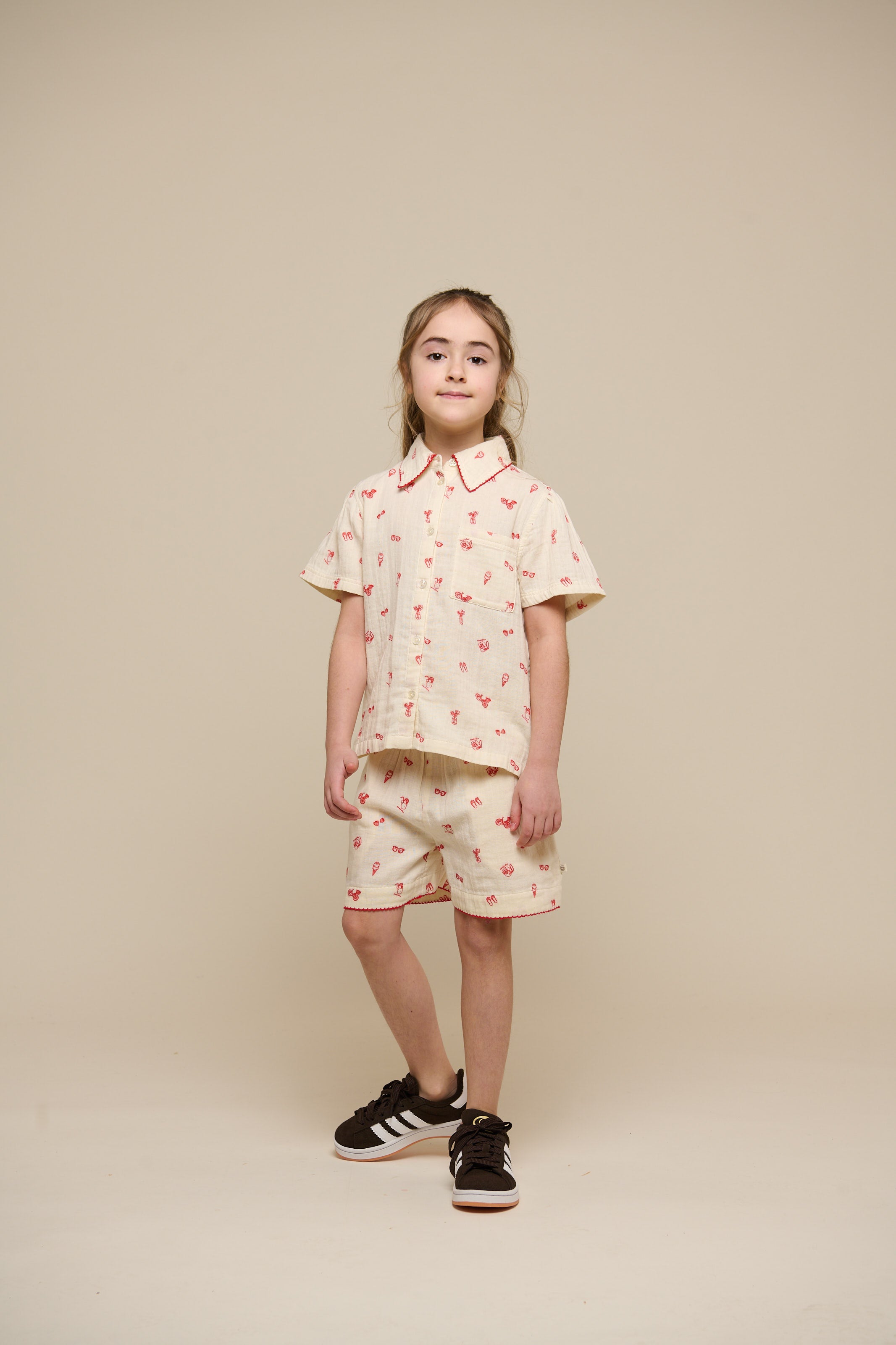 Printed Gauze Shirt and Shorts Set - Tween - Offwhite/Cherry Red | 100973 Fiona