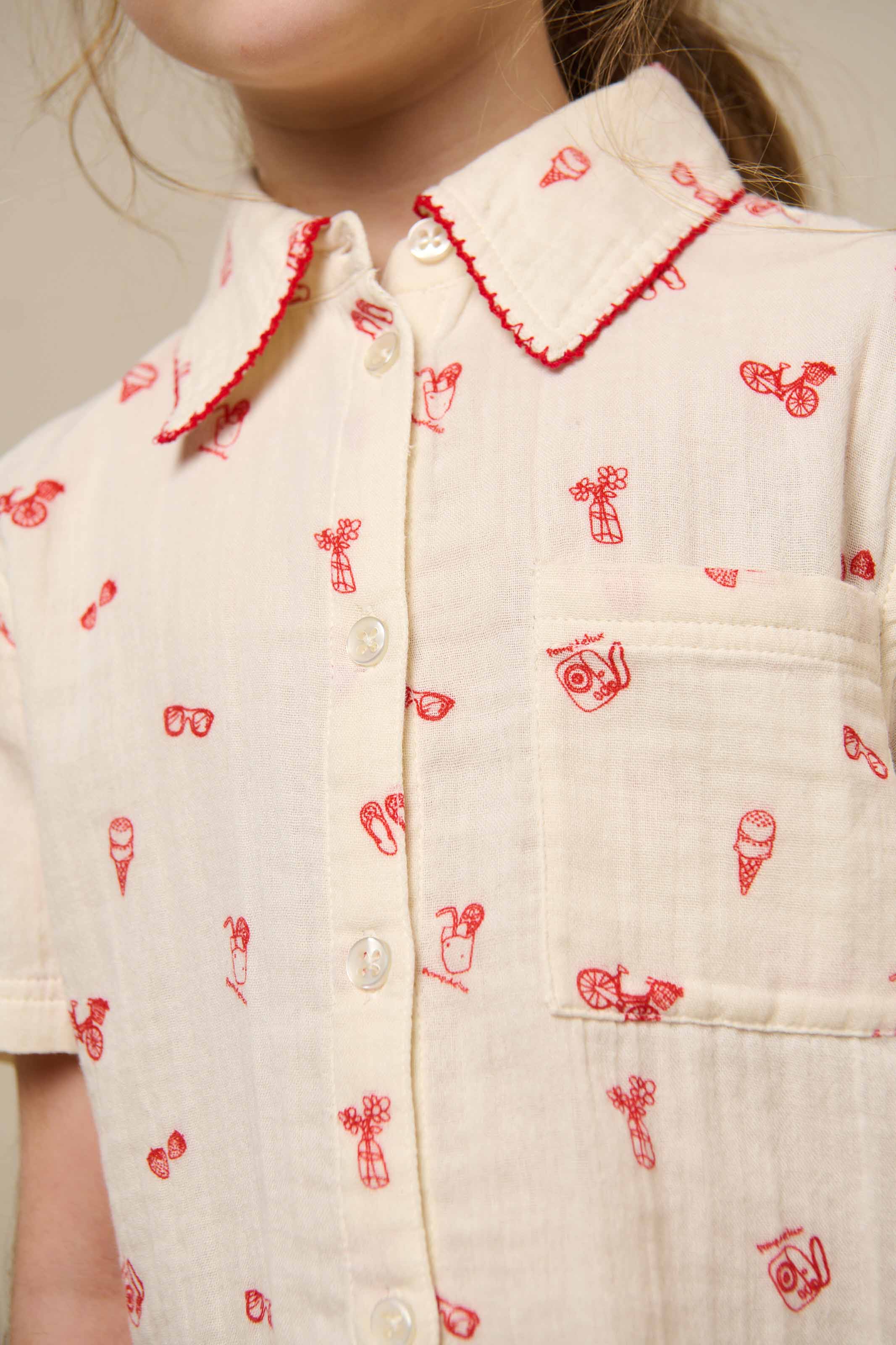 Printed Gauze Shirt and Shorts Set - Tween - Offwhite/Cherry Red | 100973 Fiona