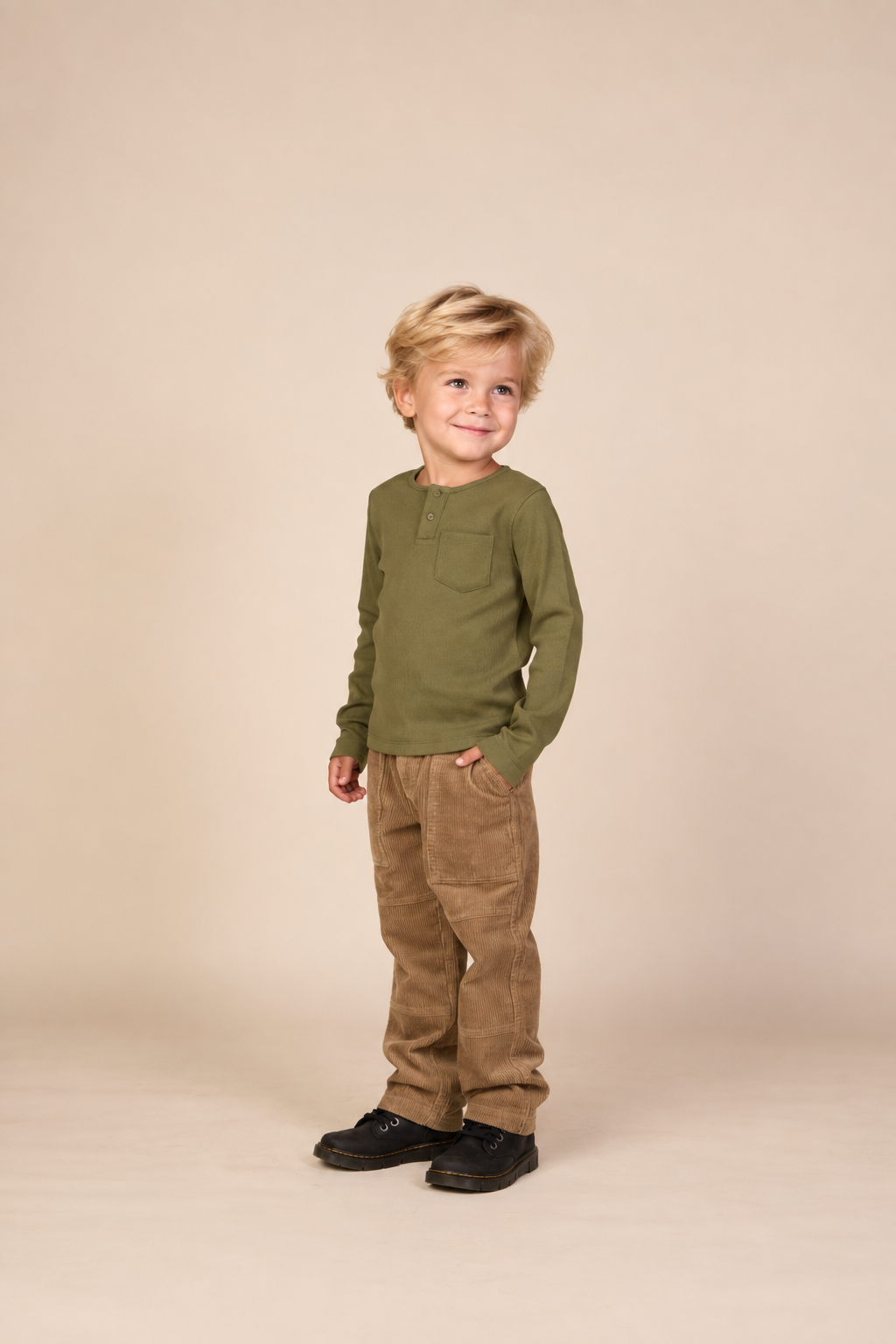Ribbed Long-Sleeve Henley T-Shirt - Kids - Moss Green | 101593 Conrad