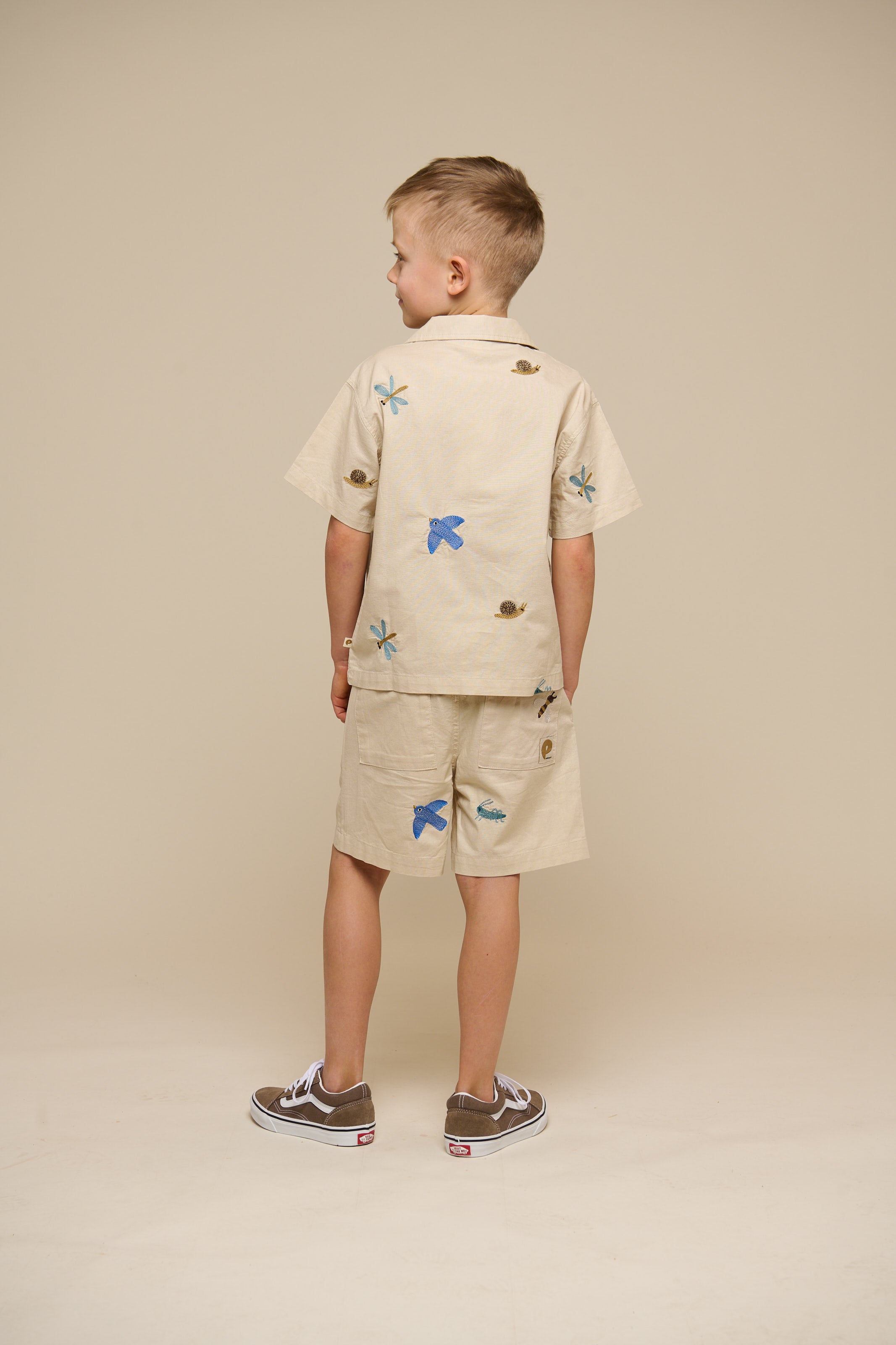 Embroidered Short Sleeve Cotton Shirt - Tween - Light Beige | 101096 Erik