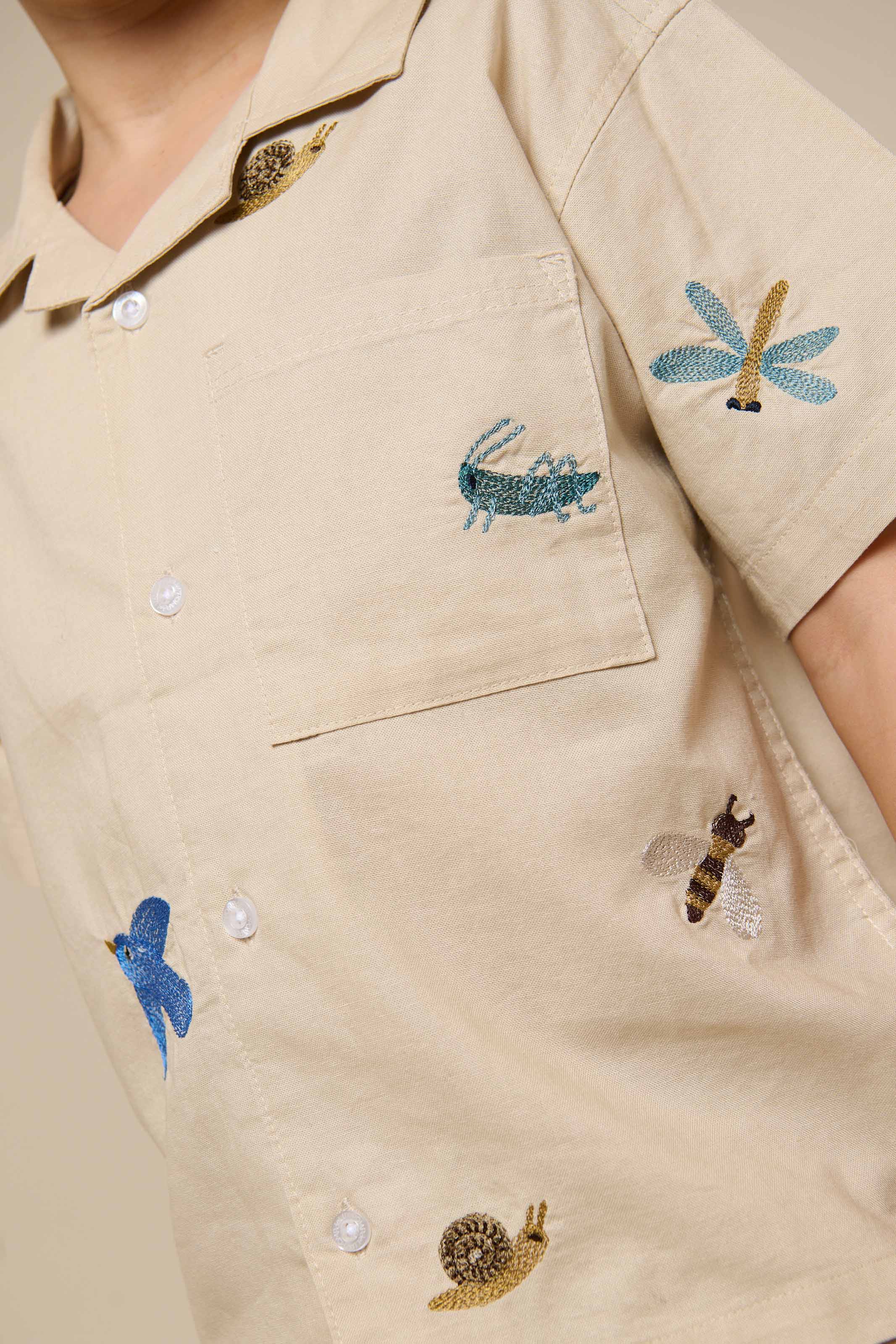 Embroidered Short Sleeve Cotton Shirt - Tween - Light Beige | 101096 Erik