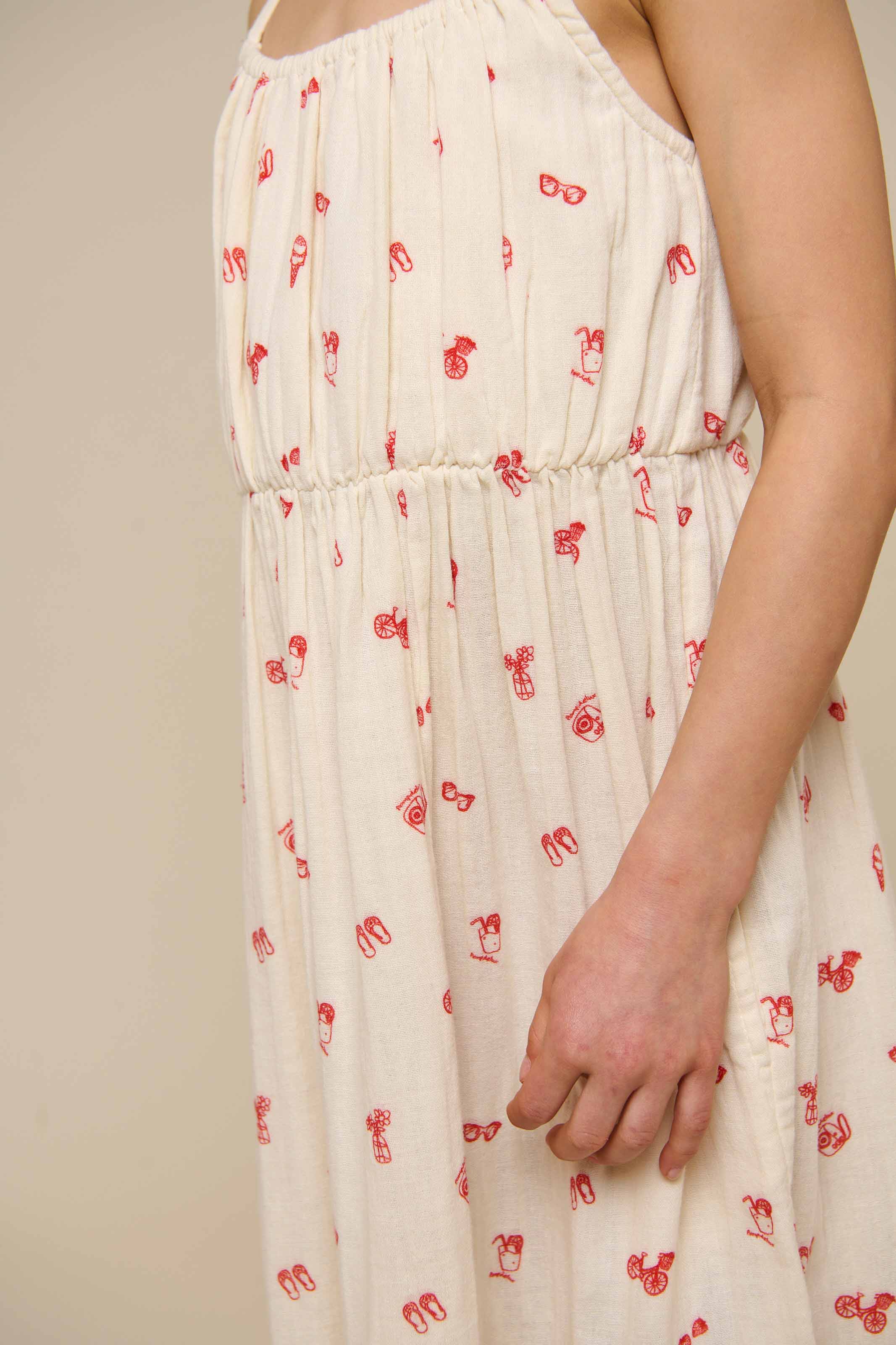 Printed Gauze Midi Strap Dress - Tween - Offwhite/Cherry Red | 100974 Fiona