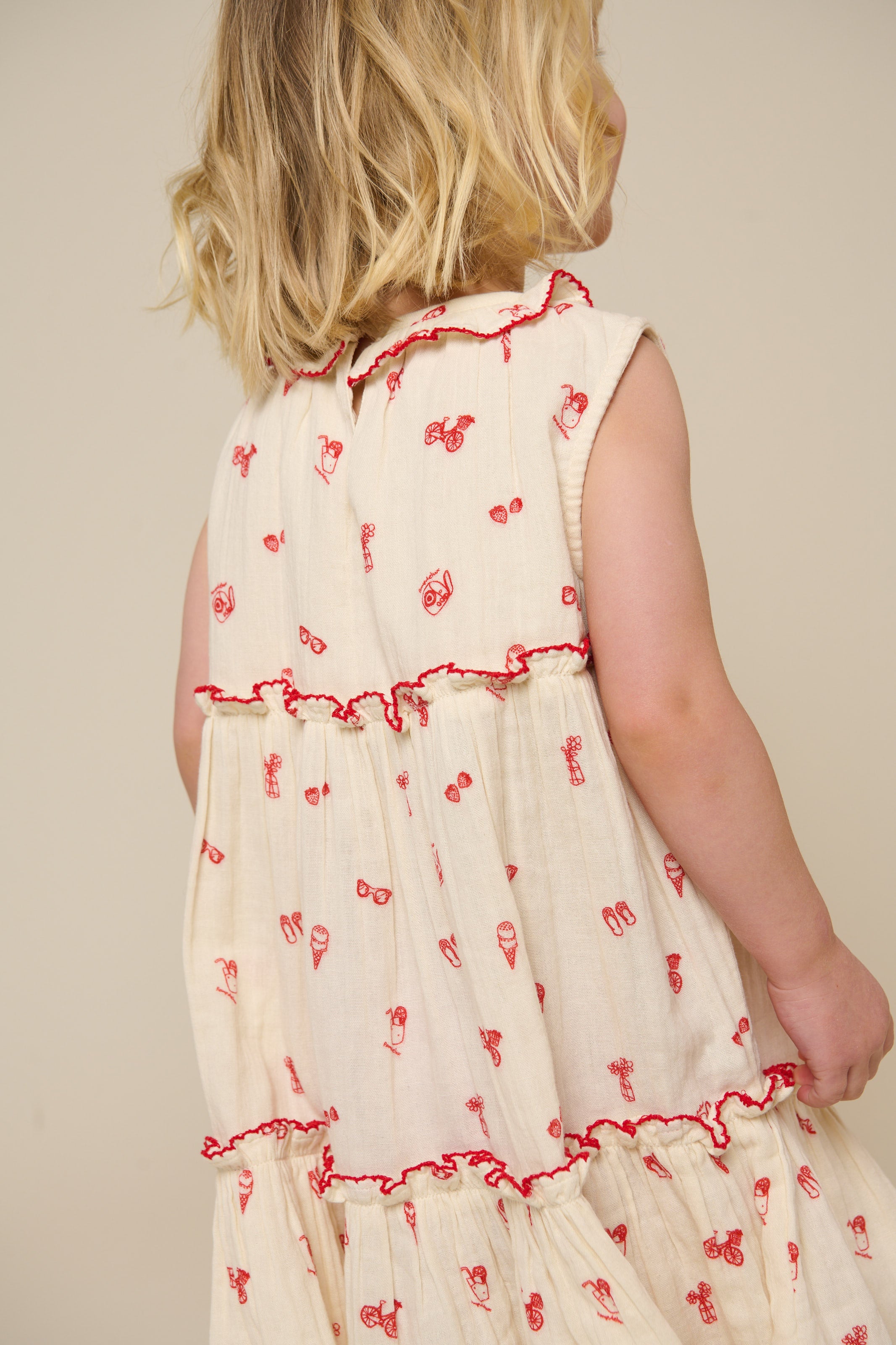 Printed Gauze Dress with Collar - Kids - Offwhite/Cherry Red | 100975 Fiona