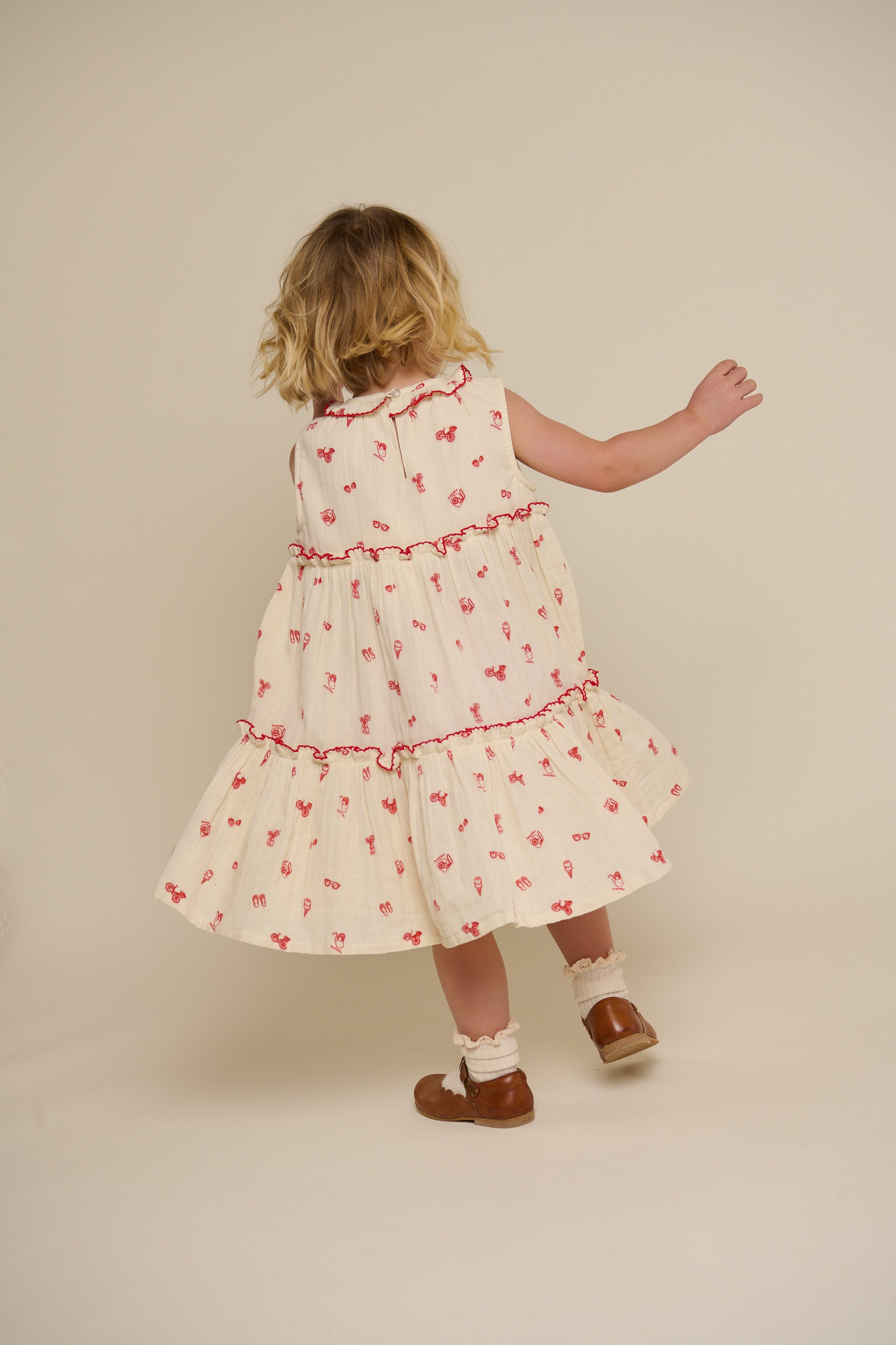 Printed Gauze Dress with Collar - Kids - Offwhite/Cherry Red | 100975 Fiona